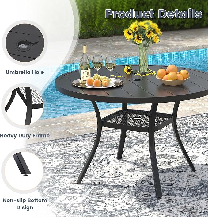 VICLLAX 7 Pieces Patio Outdoor Dining Set, 47.2" Round Metal Table with Umbrella Hole and 6 Stackable Textilene Chairs for Pergola, Lawn, Garden, Porch, Grey Chair