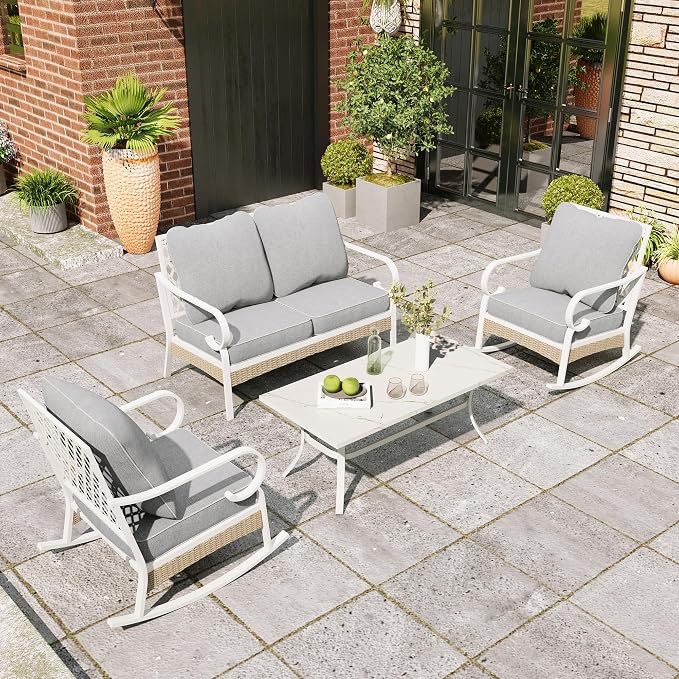 MIXPATIO 4 Piece Patio Furniture Set, 2 x Rocking Chair, 1 x 2-Seat Sofa with Marbling Coffee Table, 4 Seats Outdoor Conversation Set for Lawn Garden Backyard, Light Gray