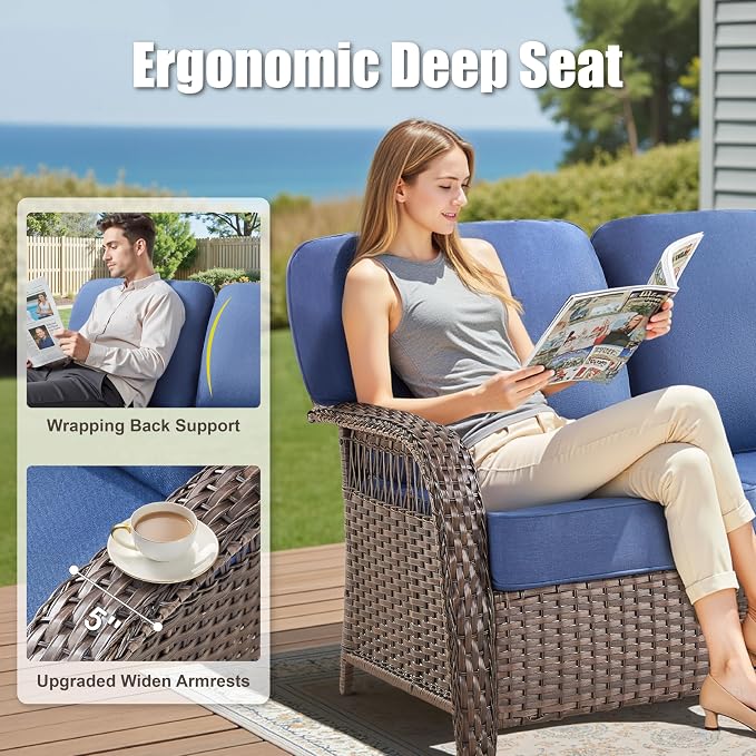 75'' Outdoor Patio Couch Wicker Sofa, All Weather Rattan 3 Seater Sofa High Back Couch with Deep Seating and Removable Cover, Outdoor Patio Furniture for Deck Porch Sunroom Backyard, Blue