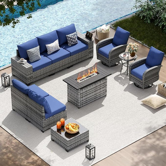 LazySunsets 10 PCS Patio Furniture Set with 44'' Fire Pit Table, Outdoor Sectional All-Weather Wicker Conversation Set with Swivel Rocker Chairs, 4'' Thick Cushions for Backyard Poolside, Navy/Grey