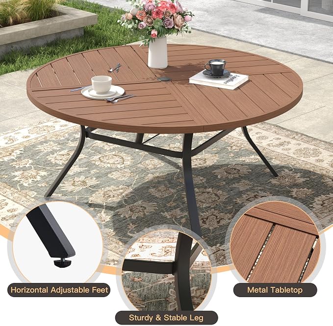 Outdoor Dining Set for 8, 53.1" Metal Round Outdoor Dining Table with Umbrella Hole and Wicker Stackable Patio Chairs, 9 Pieces Patio Table and Chairs Set for Garden Backyard, Walnut