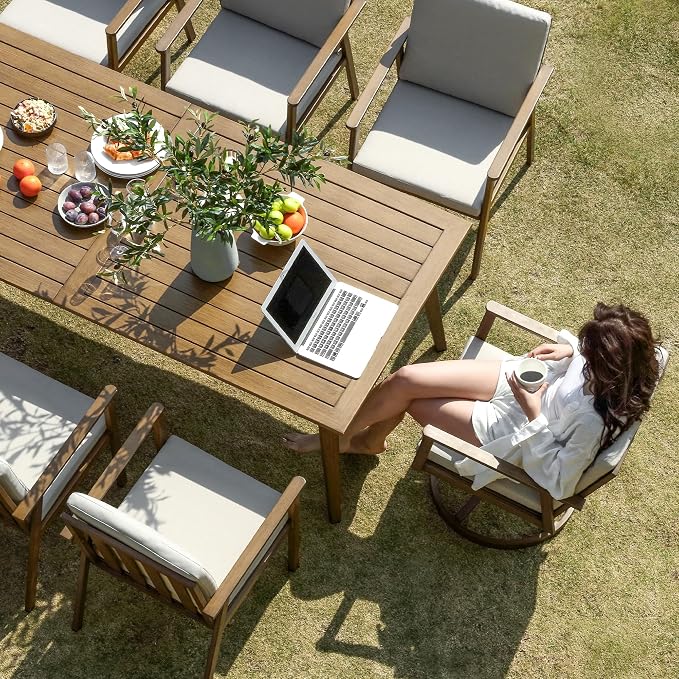 7 Pieces Patio Dining Set for 6, Aluminum Outdoor Dining Table Sets with Umbrella Hole, Modern Outdoor Furniture Set with 2 Swivel Chairs, 4 Dining Chairs and Table for Backyard Poolside,Teak