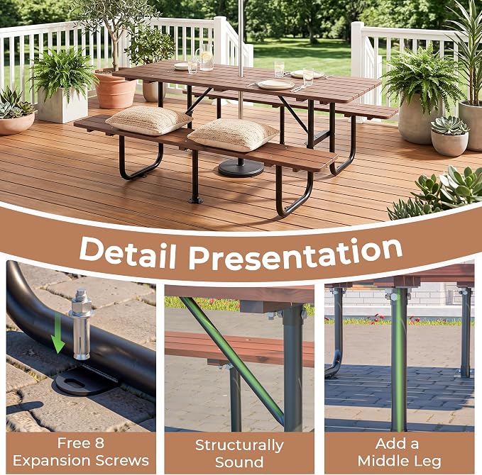 72 Inch Rectangular Outdoor Picnic Table for 6 Person, Heavy Duty Wooden Dining Set with Built-in Benches, 1.97 Inch Umbrella Hole, Waterproof and Corrosion Resistant