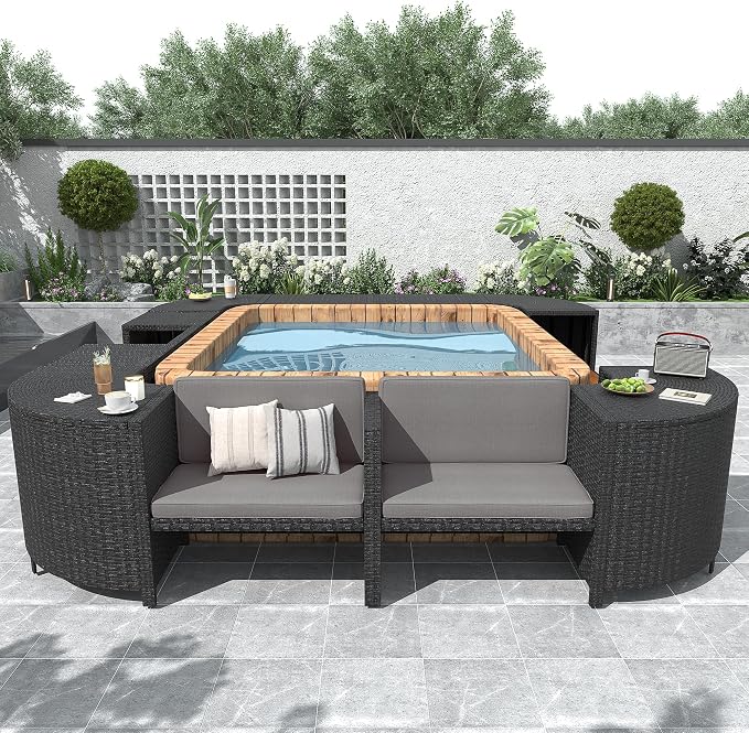 LUMISOL Outdoor Spa Surround Furniture with Storage Spaces, Patio Rattan Sectional Sofa Set with Mini Sofa, Gray