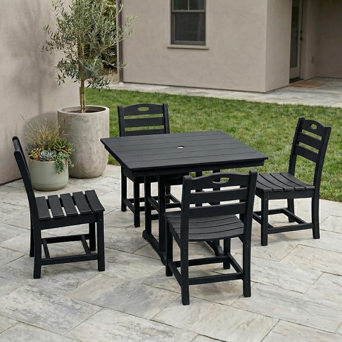 WILLIAMSPACE 37.8" Outdoor Patio Dining Set with 4 Armless Chairs, All Weather HDPE Square Dining Table with Umbrella Hole, Patio 5-Piece Bistro Set for Backyard, Balcony, Lawn, Kitchen (Black)