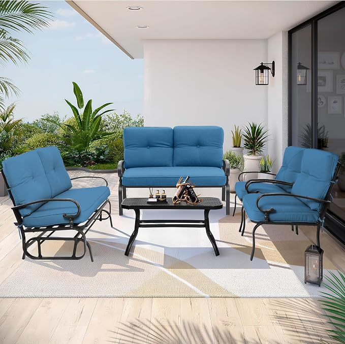 5 Pcs (6 Seats) Metal Outdoor Patio Furniture Conversation Sets, Glider, Loveseat and Coffee Table, 2 Lounge Chairs with Cushions (Peacock Blue)