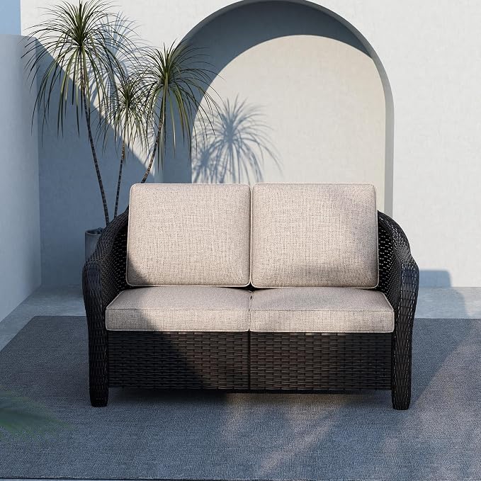 55" Outdoor Loveseat Wicker 2-seat Sofa with Removable Cushions, Conversation Patio Furniture, PE Rattan Couch, Steel Frame Couch with Cushions for Backyard, Deck (Beige)