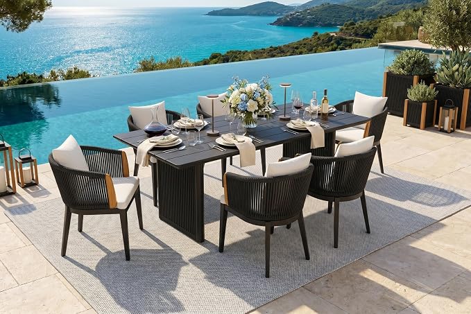 PURPLE LEAF 7 Pieces Outdoor Dining Set for 6, Aluminum Outdoor Patio Table and Chairs Set with Olefin Cushions, All-Weather Patio Dining Set for Garden or Deck, Grey