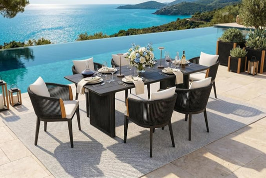 PURPLE LEAF 7 Pieces Outdoor Dining Set for 6, Aluminum Outdoor Patio Table and Chairs Set with Olefin Cushions, All-Weather Patio Dining Set for Garden or Deck, Grey