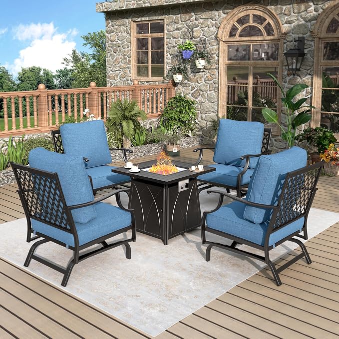 MIXPATIO Patio Furniture Set with Fire Pit Table, 5 Pcs Metal Outdoor Conversation Set, 4 Rocking Chairs with 5.75" Extra Thick Cushion and 28" Fire Pit Table for Backyard Deck, Navy Blue