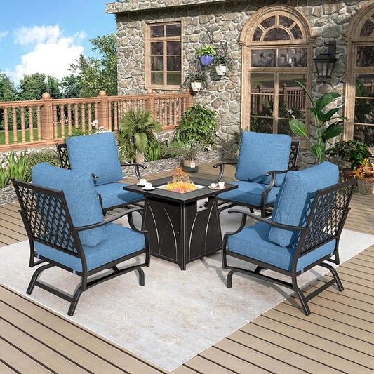 MIXPATIO Patio Furniture Set with Fire Pit Table, 5 Pcs Metal Outdoor Conversation Set, 4 Rocking Chairs with 5.75" Extra Thick Cushion and 28" Fire Pit Table for Backyard Deck, Navy Blue