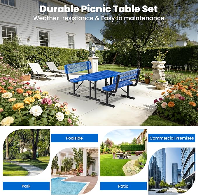 4FT Outdoor Metal Picnic Table with 2 Benches,Heavy Duty Rectangular Picnic Table Set for Outside, Waterproof Commercial Restaurant Table Furniture for Park, Campfield, Patio, Garden, Yard