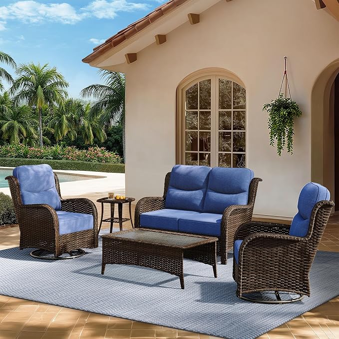 HILLGA Luxury Outdoor Patio Furniture Set with 6-Inch Thick Cushions, High Back Wicker Swivel Rocker Chairs, 5 Pcs All Weather Conversation Set for Large Deck, Yard and Poolside, Blue (V3)