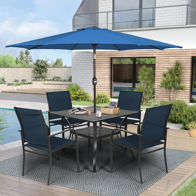 Crownland 5 Piece Patio Dining Set, Textilene Dining Sets, 4 Textilene Metal Chairs and Square Outdoor Dining Table with Dark Blue 9FT Round Outdoor Umbrella (Blue)