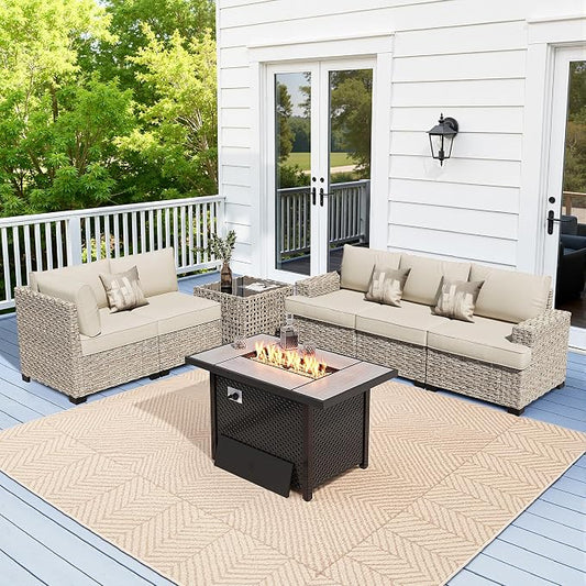 Weaxty 7 Pieces Wide Seats Outdoor Furniture Set, L Shape Sectional Couch Ottoman Fire Pit Solar Table, Thick Cushion All-Weather Rattan Patio Conversation Sets for Backyard Porch Deck, Beige