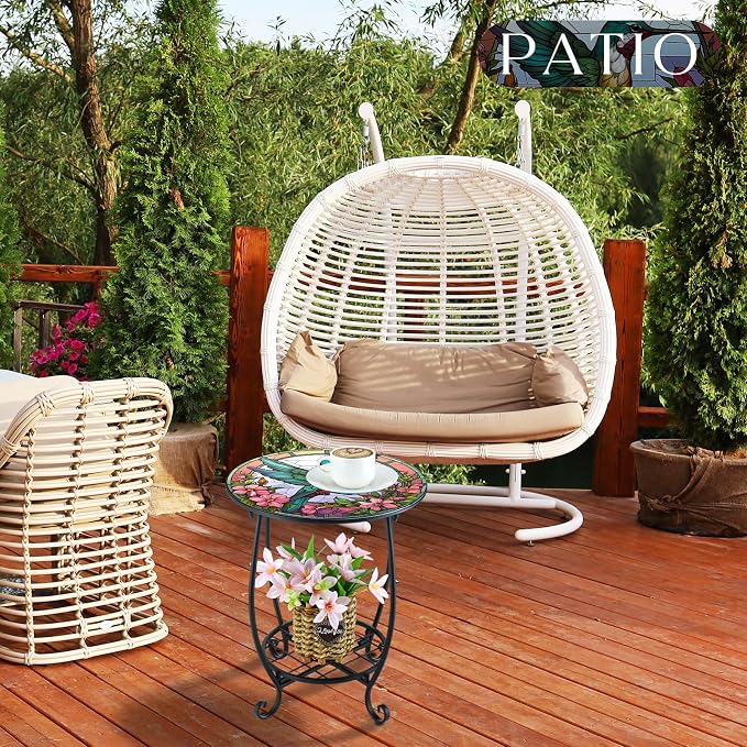 Cinnvoice Outdoor Side Table Round Small Mosaic Patio Accent Indoor End Plant Coffee Tea Table for Yard Patio Porch Garden Living Room, Bedroom(Hummingbird Style,12 Inch)
