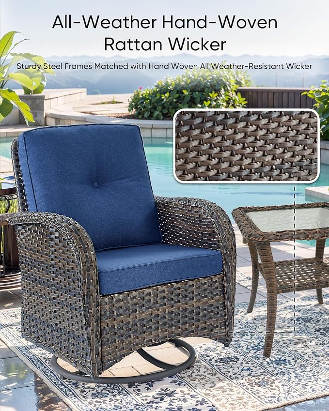 HUMMUH Luxury Patio Furniture Set with High Back Swivel Rocker Chairs & 3 Seater-Couch & Steel Fire Pit Table 5 Pieces Outdoor Conversation Set for Porch,Deck,Backyard