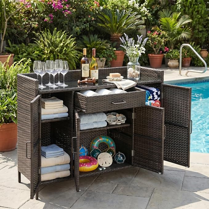 53.2"W Outdoor Weather-proof Rattan Storage Cabinet with Tempered Glass Desktop,Outdoor Wicker Bar Table with One Large Drawer & Adjustable Shelves for Patio, Backyard,Garden,Pool (Black+Brown#81)