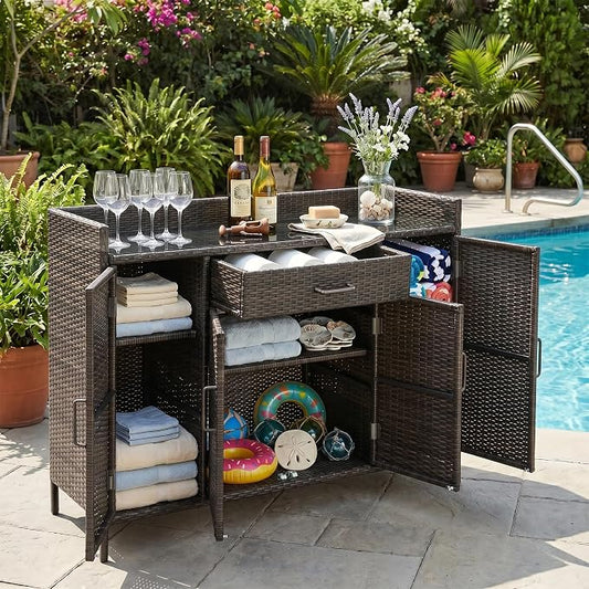 53.2"W Outdoor Weather-proof Rattan Storage Cabinet with Tempered Glass Desktop,Outdoor Wicker Bar Table with One Large Drawer & Adjustable Shelves for Patio, Backyard,Garden,Pool (Black+Brown#81)