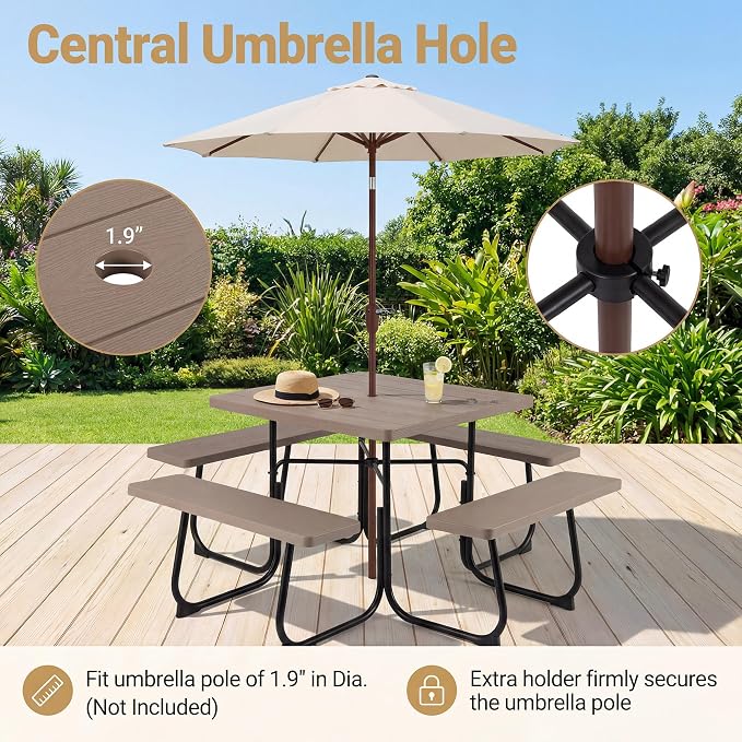HAPPYGRILL 4-8 Person Square Picnic Table Bench Set with Umbrella Hole, Outdoor Camping Table with HDPE Material and Sturdy Metal Frame for Patio, Garden and Backyard