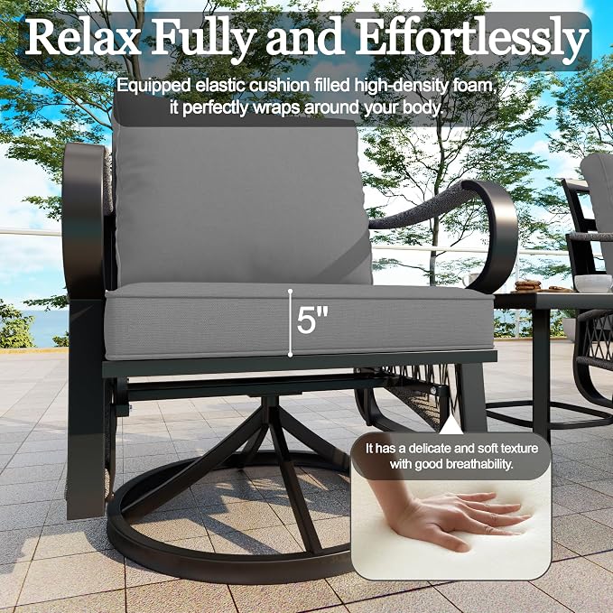 3 Pieces Outdoor Furniture Set, Metal 360° Swivel Rocking Chairs Bistro Sets, Patio Conversation Set with Side Table for Deck, Porch, Garden, Backyard, Poolside (Gray Cushions)
