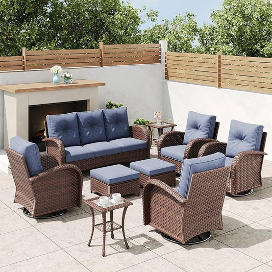 9 Pieces Outdoor Wicker Patio Swivel Rocking Chairs, All Weather Wicker Conversation Set with Side Table