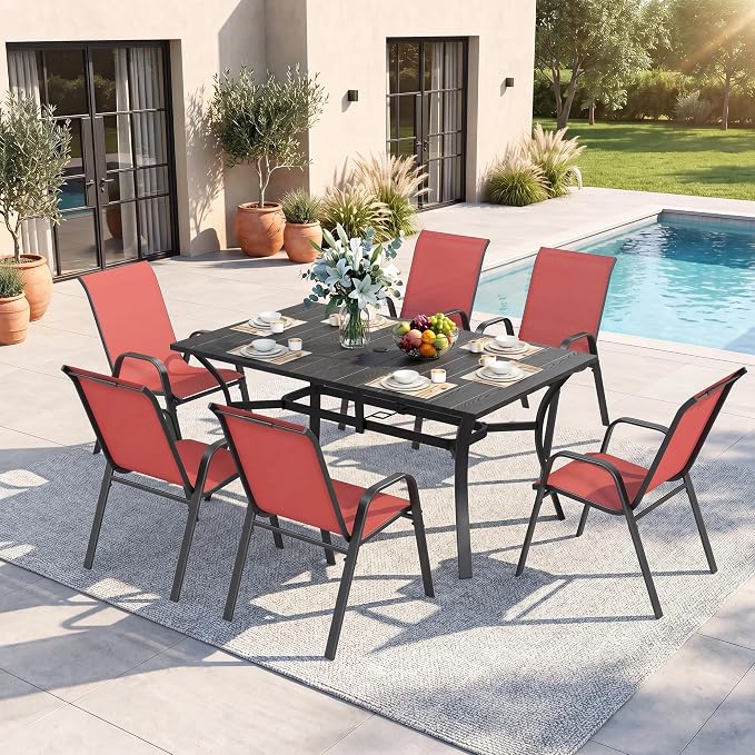 Outdoor Dining Set for 6, Patio Metal Table and Chairs Set with 1.97'' Umbrella Hole, 7pcs Patio Furniture Set 63”x37.8” Dining Table Set with Stackable Chairs for Backyard Pool Deck