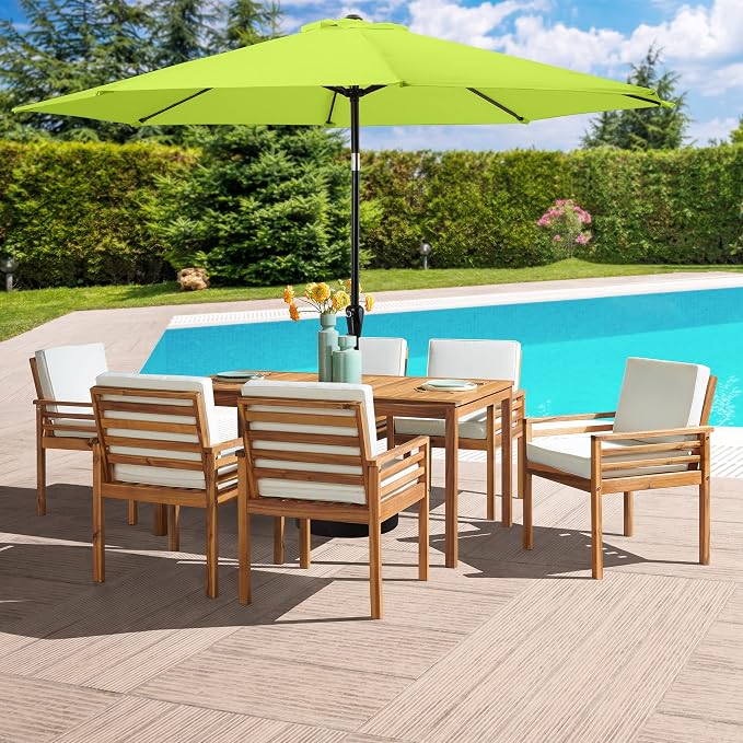Alaterre Furniture Okemo 8 Piece Outdoor Dining Set with Umbrella - Solid Acacia Wood Outdoor Furniture Set with 63” Patio Table, 6 Patio Chairs and 10ft Lime Green Umbrella