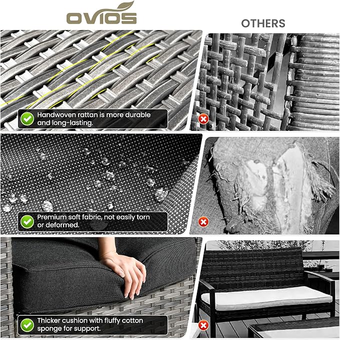ovios 6 Pieces Patio Furniture Set, Outdoor Wicker Rattan Sofa Couch with Loveseat, Chairs, Comfy Cushions, Conversation Sets for Porch Deck Garden, Black