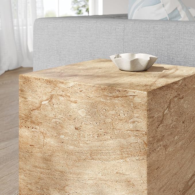 Modway Jordana Indoor Outdoor Concrete Side Table in Travertine – Square Plinth End Table with Faux Stone Finish - Concrete Furniture Accent Table for Patio, Garden, or Living Room