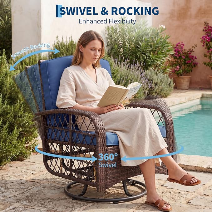 GarveeHome Outdoor Swivel Rocker Chairs, 3-Piece Patio Set with Thick Cushions & High Back Support, Includes 2 Wicker Chairs & 1 Side Table for Deck, Porch, Backyard (Brown Wicker & Blue Cushions)