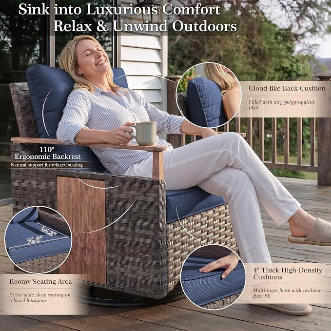 NestNook 3 Pieces Patio Furniture Set, Outdoor Bistro Set, 2 Swivel Glider Chairs with Modern Side Table, All-Weather Handwoven PE Wicker Seating and Thick Cushion for Balcony, Bistro & Porch, Blue