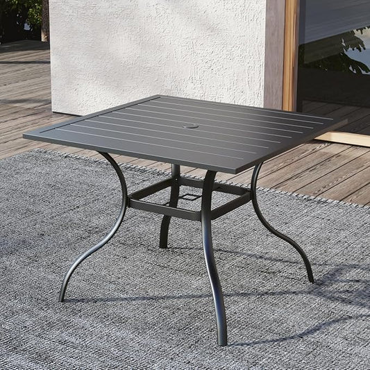 35" Square Metal Patio Dining Table with Slat Top and Umbrella Hole - Black | 35 inch Square Table, Slat Table Top, Black, Metal Top and Frame, 1.57 inch Umbrella Hole, 4 Person Use