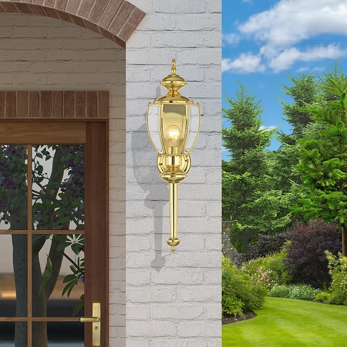Livex Lighting 2112-02 Outdoor Wall Lantern, Polished Brass | Clear Beveled Glass Shades