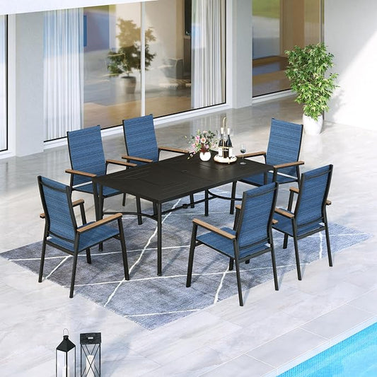MFSTUDIO 7 PCS Patio Dining Set with 6 Stacking Aluminum Armchair(Blue) and 64" Rectangular Heavy Duty Table