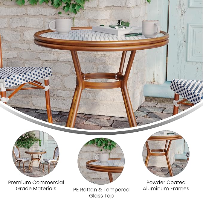 Flash Furniture Lourdes Indoor/Outdoor Commercial Bistro Table - Tempered Glass Top - PE Rattan - Natural Bamboo Print Aluminum Frame - 31.5" - White/Navy