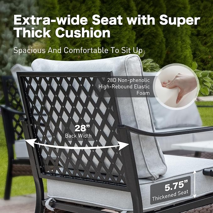 SUNSHINE VALLEY 5 Piece Black Metal Outdoor Patio Furniture Sets with Firepit Table, Patio Conversation Sets 1 3-Seater Sofa, 1 Loveseat, 2 Rocking Sofa with 5.75" Cushion for Backyard, Light Gray