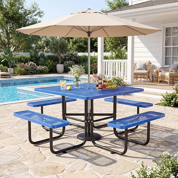 46" Square Metal Picnic Table with 1.73" Umbrella Hole, Commercial Steel Picnic Table, Heavy Duty Picnic Tables with Benches for Outdoor Garden Courtyard BBQ, Blue