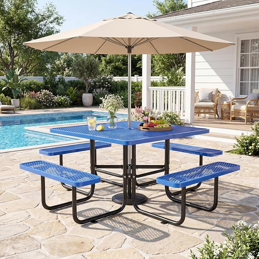 46" Square Metal Picnic Table with 1.73" Umbrella Hole, Commercial Steel Picnic Table, Heavy Duty Picnic Tables with Benches for Outdoor Garden Courtyard BBQ, Blue