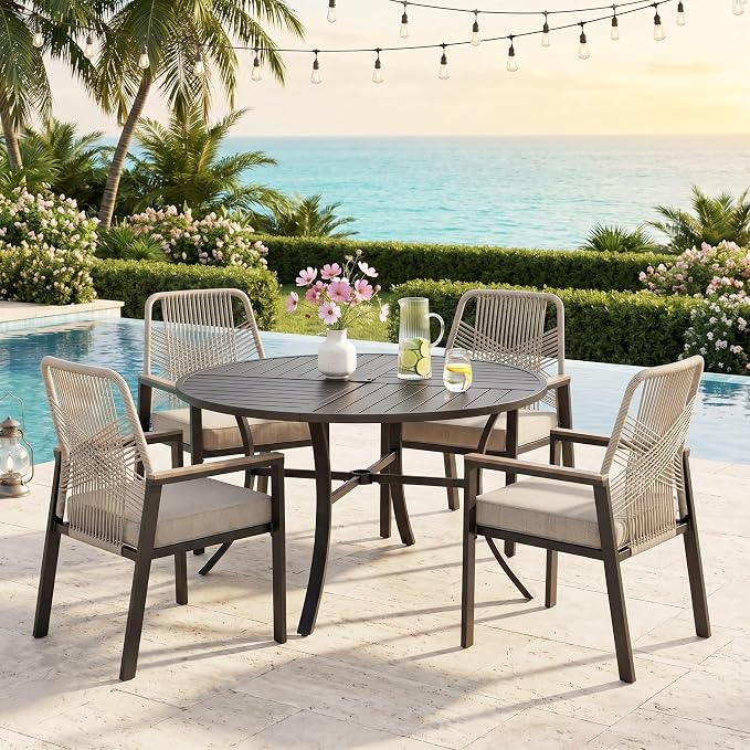 5 Pieces Patio Dining Set, 4 x Woven Rattan Chairs with Waterproof Cushion, 42” Metal Round Dining Table with Umbrella Hole, Outdoor Table and Chairs Set for Backyard Lawn and Deck, Beige