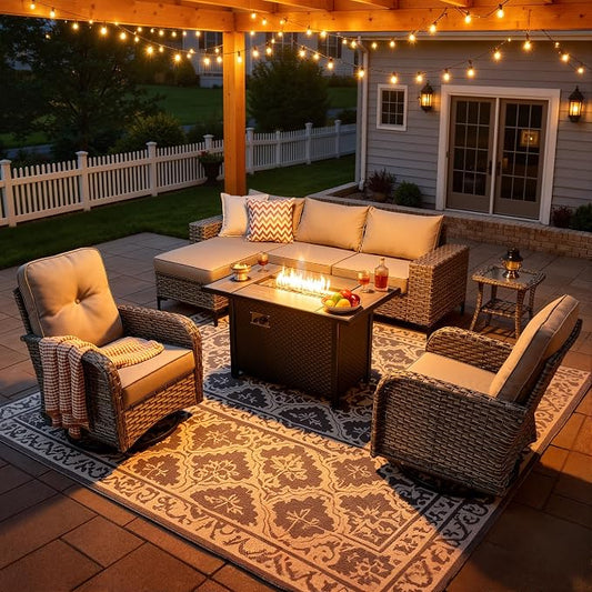 8-Piece Wicker Outdoor Sectional Furniture with Firepit Table, Wide Armrest Patio Couch Set Swivel Rocking Chair Ottoman, Modern Modular Conversation Sets for Backyard Deck Garden, Beige