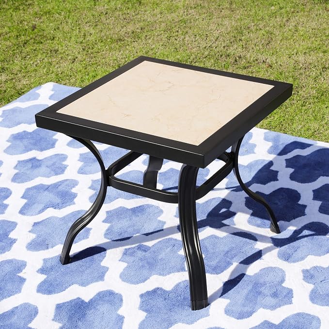 LOKATSE Home 21" Outdoor Square Patio Bistro Side Table Metal Steel Legs with Ceramics Top