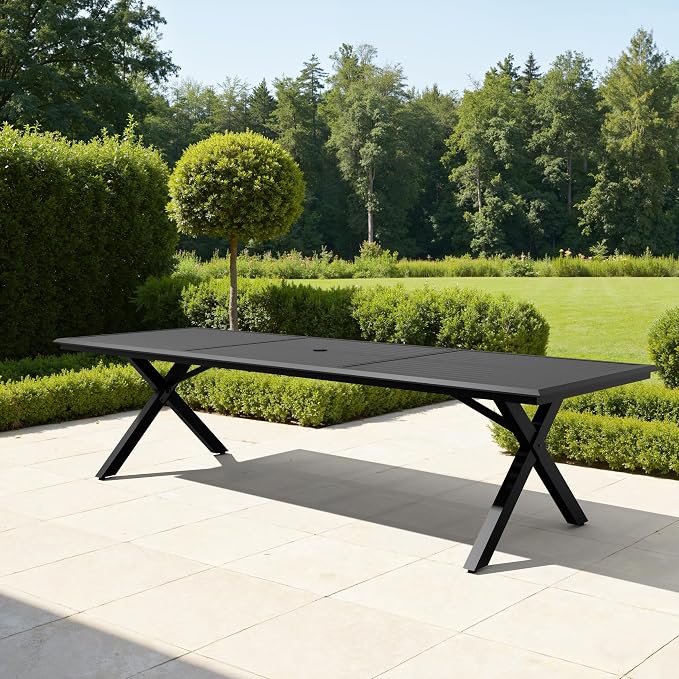 Pellebant 118" Aluminum Outdoor Patio Dining Table for 10-12, 10ft Weather-Resistant Black Tabletop with Umbrella Hole, Sturdy Frame – Large for Deck, Porch, Poolside