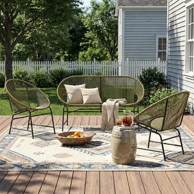 Christopher Knight Home Dessa 3 Piece Patio Furniture Set, Patio Wicker Accent Chair Set of 2 and Loveseat, Metal Frame 4 Seater Outdoor Papasan Lounge Chair Set, PE Rattan Outdoor Bistro Set, Green