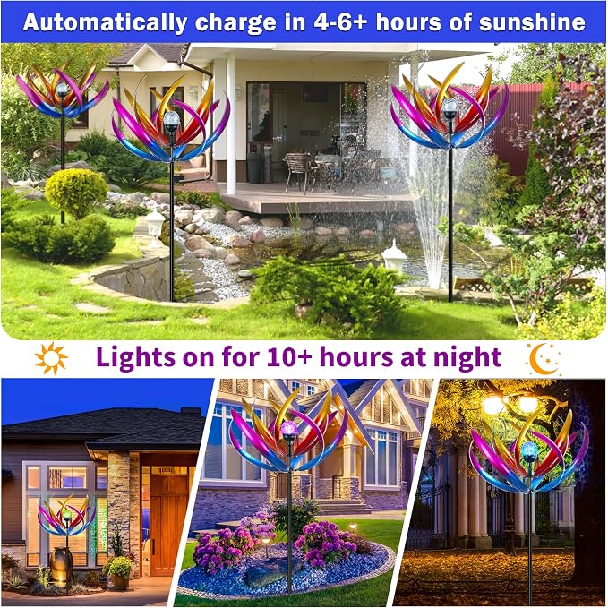 70 in Large Wind Spinners Outdoor, Solar Wind Sculpture, Purple | Metal Windmill with Solar Multi-Color Light, All Weather Decor , Ideal Yard Art for Garden, Backyard, Lawn & Outdoor Decor