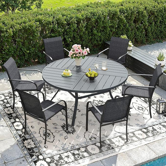 DIFY 7 Pieces Outdoor Patio Dining Set for 6, 50" Round Metal Dining Table and 6 Stackable Textilene Patio Chairs, Outdoor Table and Chairs for Backyard Garden Poolside, Grey