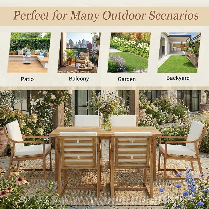 RUNNA Outdoor Dining Set 7-Piece Outdoor Dining Set Patio Table and Chairs Set Modern Outdoor Furniture Set for Patio, Backyard,Garden (Teak+ Beige#31)