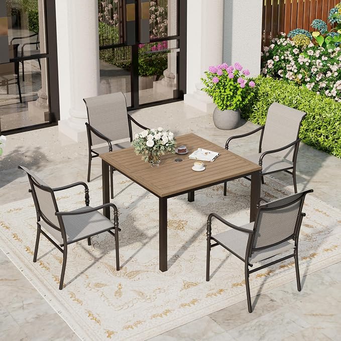 SUNSHINE VALLEY Patio Table and Chairs Set of 4, All-Weather Breathable Textilene Patio Chair with Gourd-Shaped Armrests, 42x42 Wood-Like Table with Umbrella Hole, 5 Pcs Metal Frame Patio Dining Set