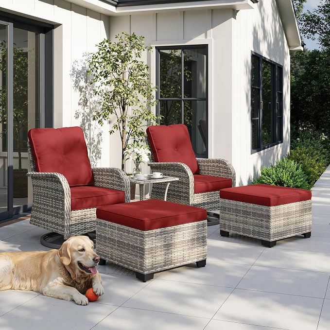 5-Piece Small Patio Furniture Set, Outdoor Swivel Rocking Chairs Set with Ottomans, Patio Bistro Set for Balcony, Deck, Porch, Red