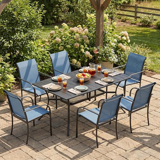 VICLLAX Patio Dining Set for 6, 7-piece Outdoor Dining Set - 59" Rectangle Patio Table and Chairs for Lawn Garden, Black Tabletop and Blue Fabric